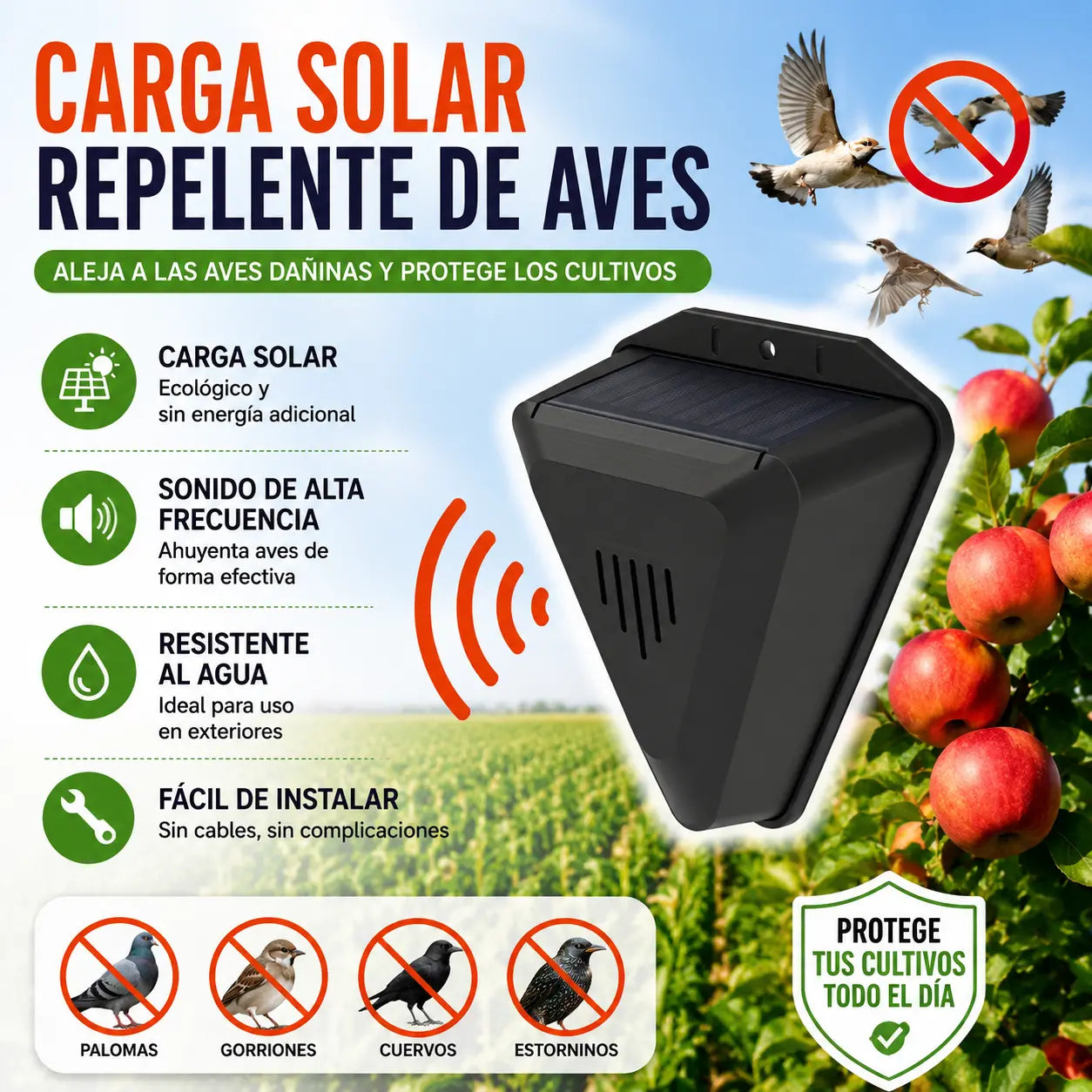 Dispositivo de alarma solar con sonido y luz para pájaros, ideal para huertos, estanques de peces, arrozales