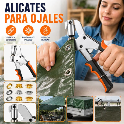 【Alicates para ojos + 20 hebillas doradas】 Alicates perforadores portátiles；Alicates para ojales 2 en 1: Perfora e instala en un solo paso, perfectos para lona, cuero, tela y PVC