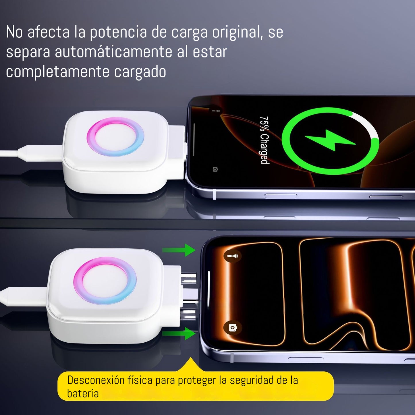 🔌 ⚡Cable de carga rápida con apagado automático y protección contra sobrecarga mediante reconocimiento de IA., compatible con dispositivos Apple.