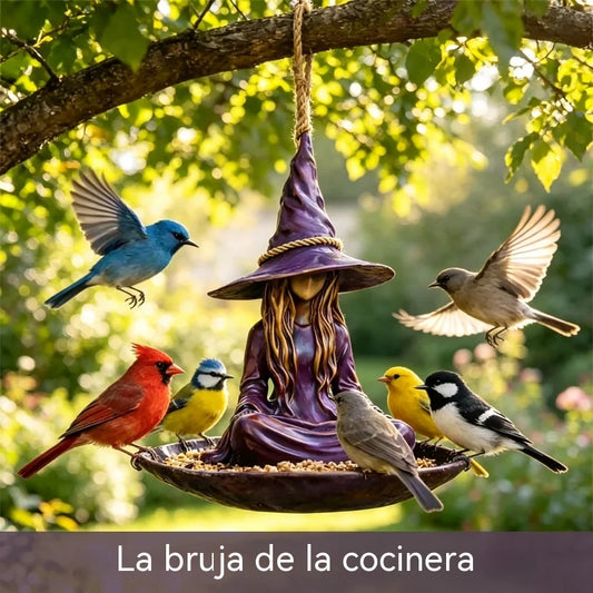 Comedero colgante para pájaros "Bruja meditando", decoración creativa y mágica para jardín, patio y exteriores, material duradero.