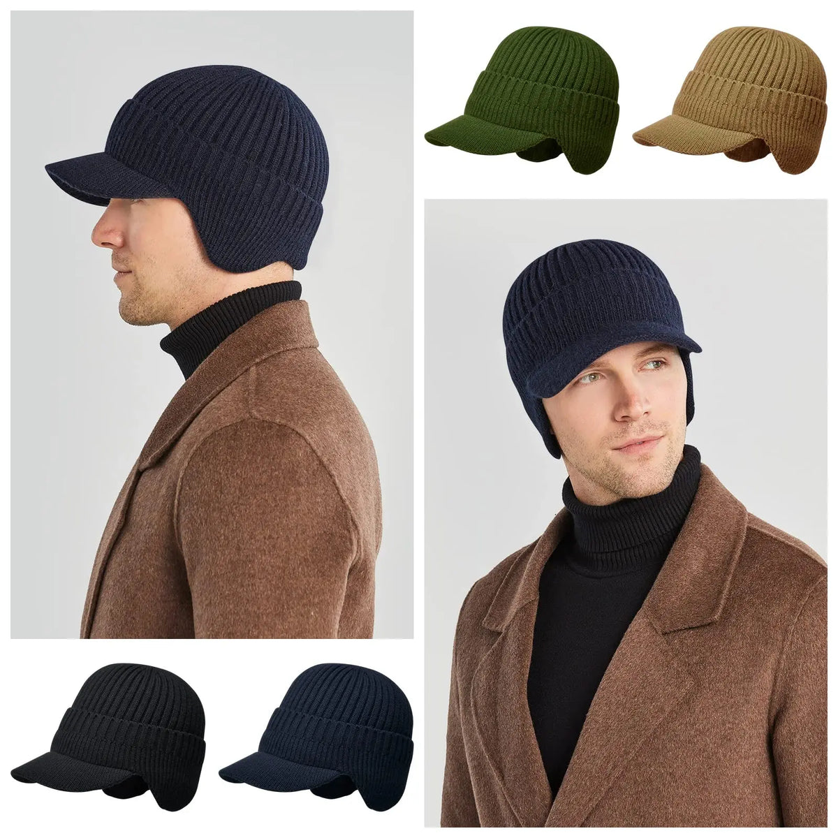 Gorro de punto cálido de invierno para hombre con orejeras.