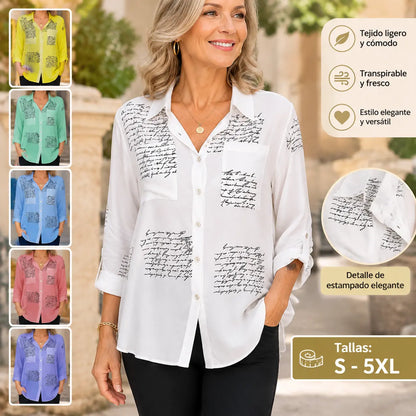 🥰 【S-5XL】 Camisa de manga larga con estampado de moda con solapa para mujer