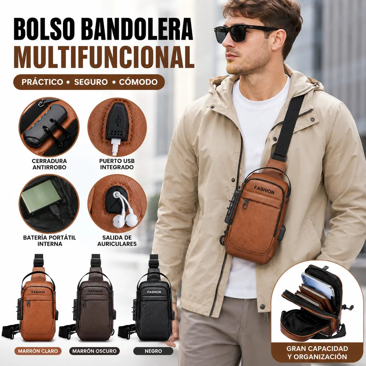 Nuevo bolso de pecho multifuncional para hombre, elegante e informal.