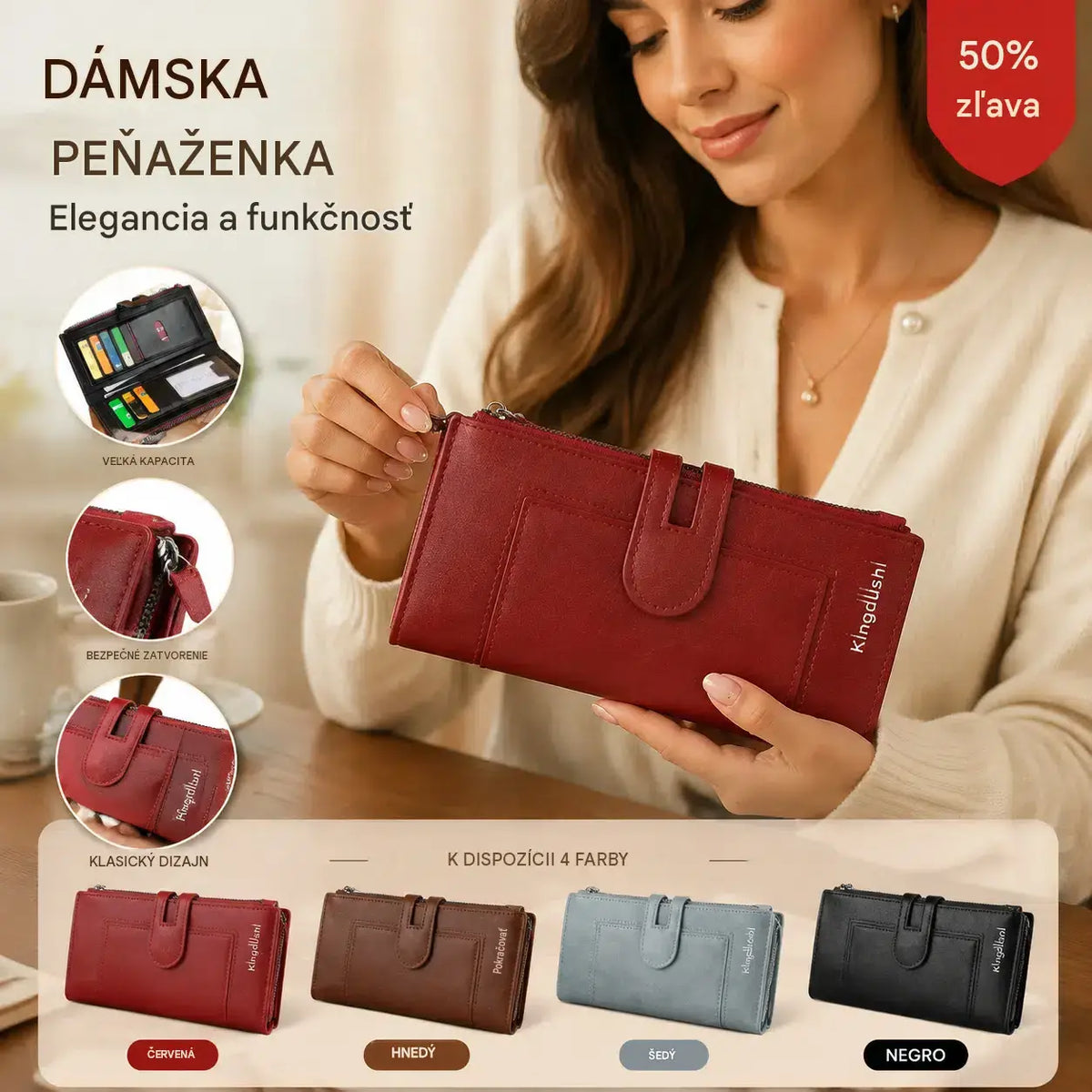 Dámska retro originálna kožená priehradka na karty s dvojitým zipsom