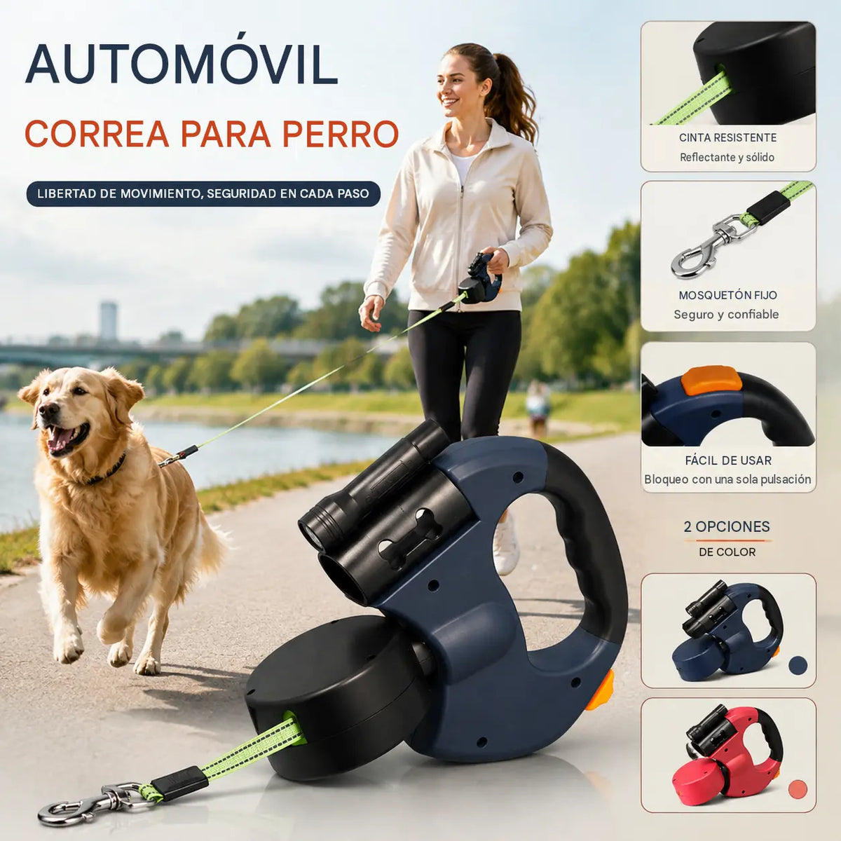 Correa para perros 2 en 1, una correa para pasear a dos perros, retráctil automáticamente, con luz incorporada y bolsa de almacenamiento.