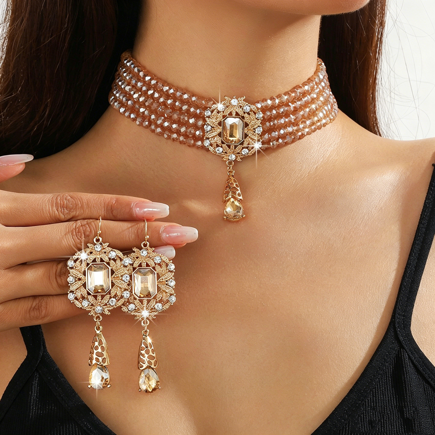 🌹 ¡¡50% DE DESCUENTO AHORA!! 🌹 Conjunto de lujo con collar y pendientes de cristal