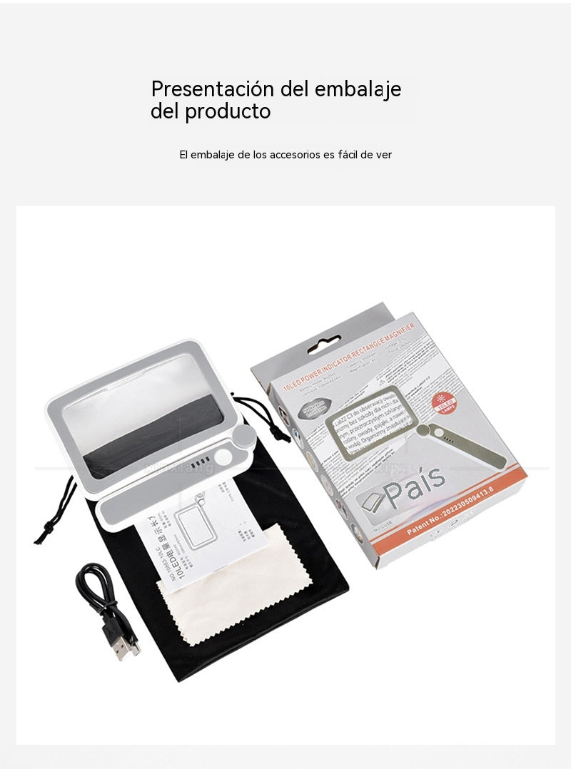 💡Lupa cuadrada plegable de mano con 10 luces LED, interruptor táctil recargable y selector de tres posiciones para lectura y apreciación.