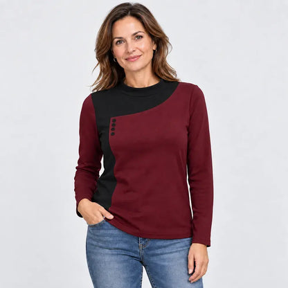 ✨【S–3XL / 6 barev】Top s kombinací barev, stojáčkem a ozdobnými knoflíky (lehký hřejivý fleece)