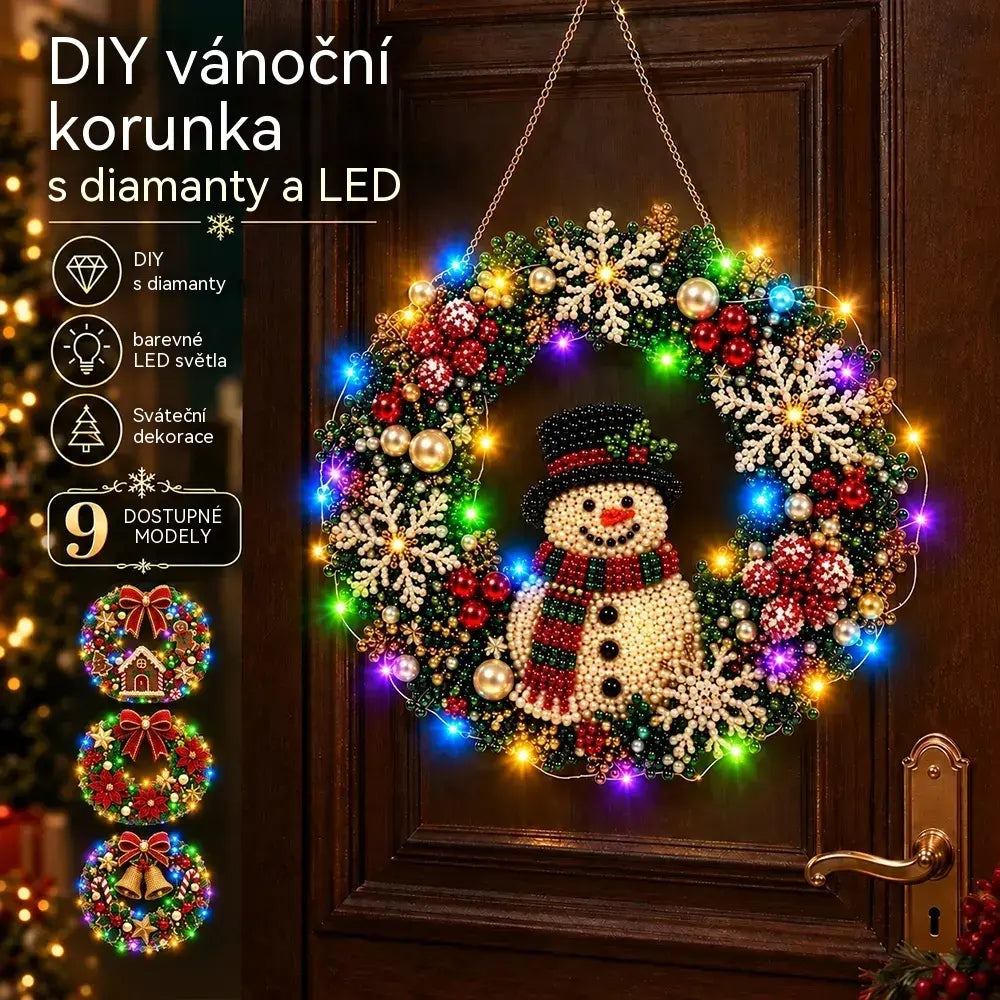 🎄 Vánoční věnec k vlastnímu sestavení s kamínky, perlami a LED světýlky! Odolný akrylový základ · 9 svátečních motivů · Dokonalá dekorace na dveře, stěny i okna · Dárek od srdce!