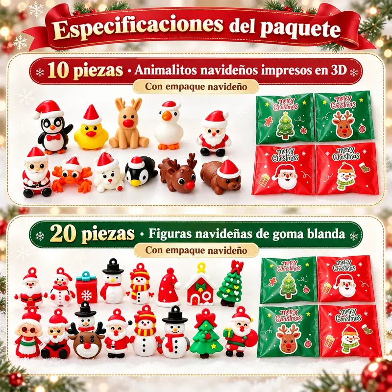 🎄✨ Mini Figuras de Animales Navideños en Bolsa Sorpresa | Muñecos de Goma 3D con Efecto Luminoso para Decoración y Colección