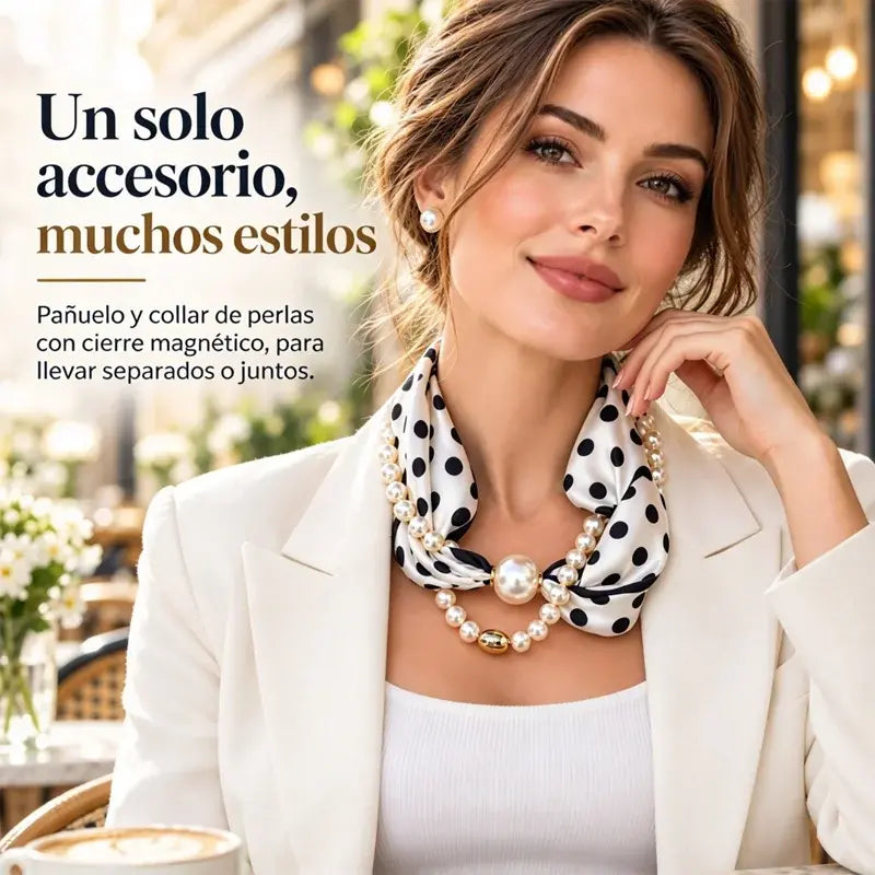 🎀✨ Collar de Perlas con Cinta de Satén para Mujer | Pañuelo Vintage Francés para Cuello, Pelo y Escote
