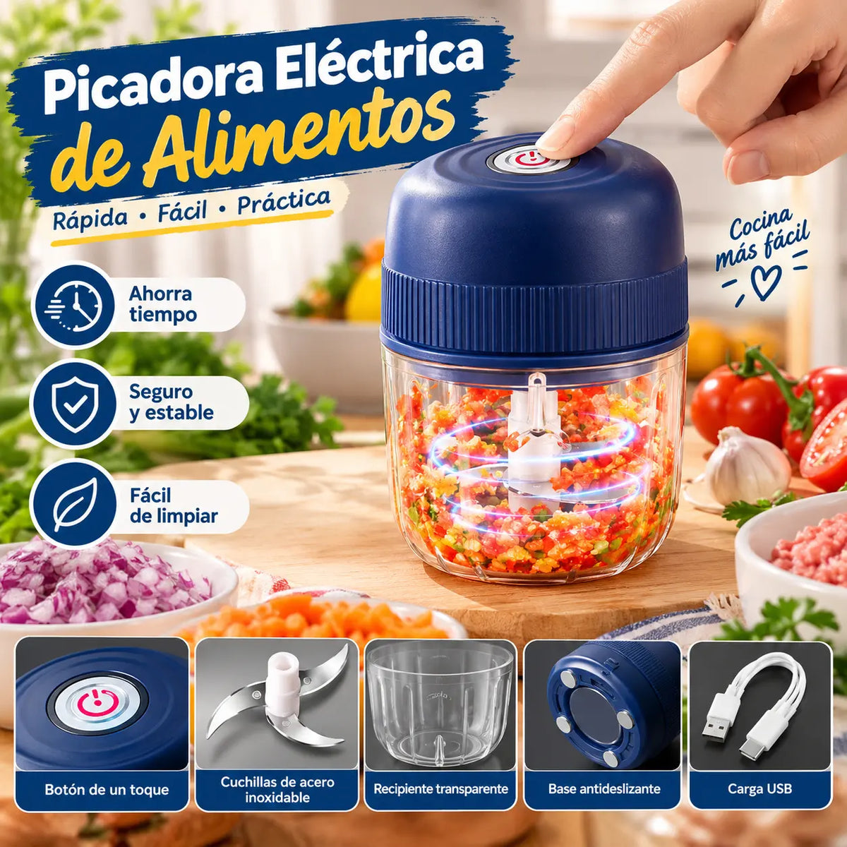 Picadora eléctrica de ajo, mini picadora portátil de verduras