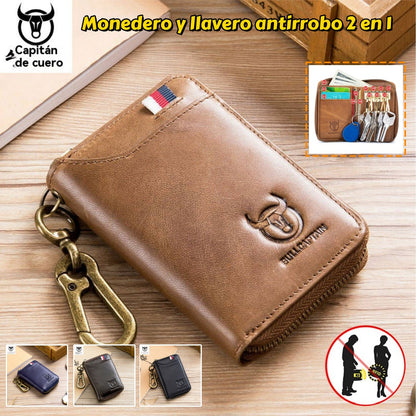 [Precio especial por lanzamiento] Monedero de piel antirrobo 2 en 1 para hombre con llavero