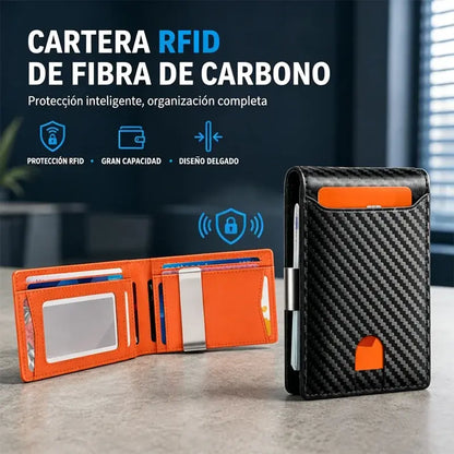 🖤 Cartera RFID de Fibra de Carbono para Hombre – Tarjetero Ultrafino con Clip para Billetes y Múltiples Ranuras