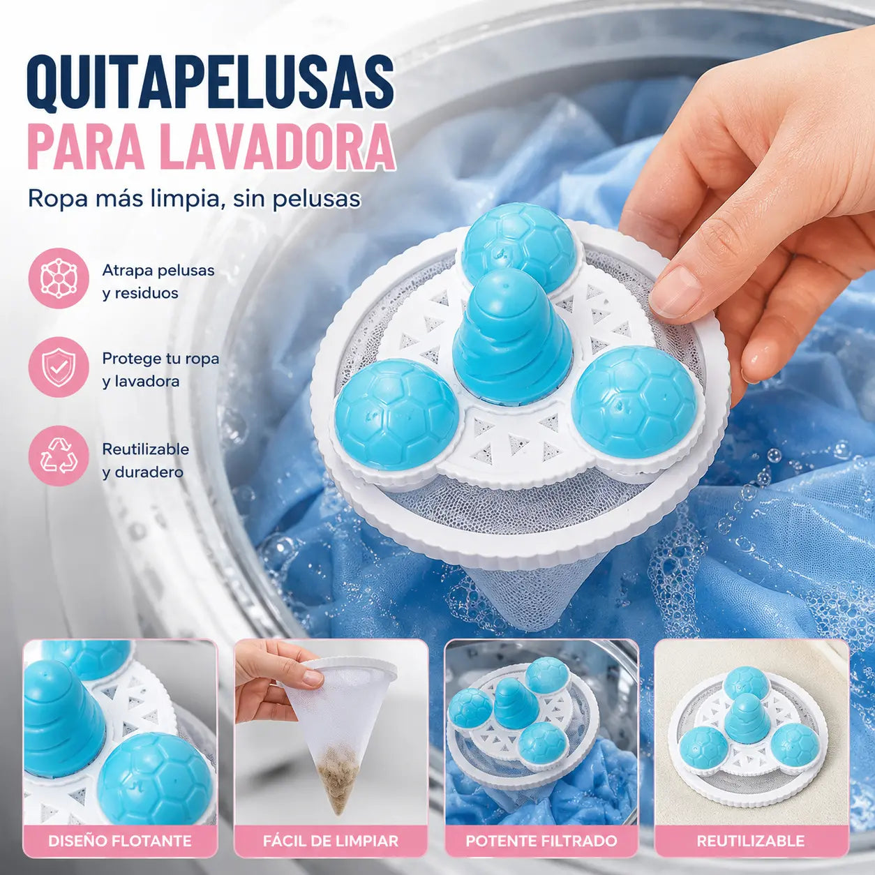【6 piezas 】 Filtro Flotante para Lavadora – Atrapa Pelusas, Cabellos y Pelos de Mascota en Cada Lavado