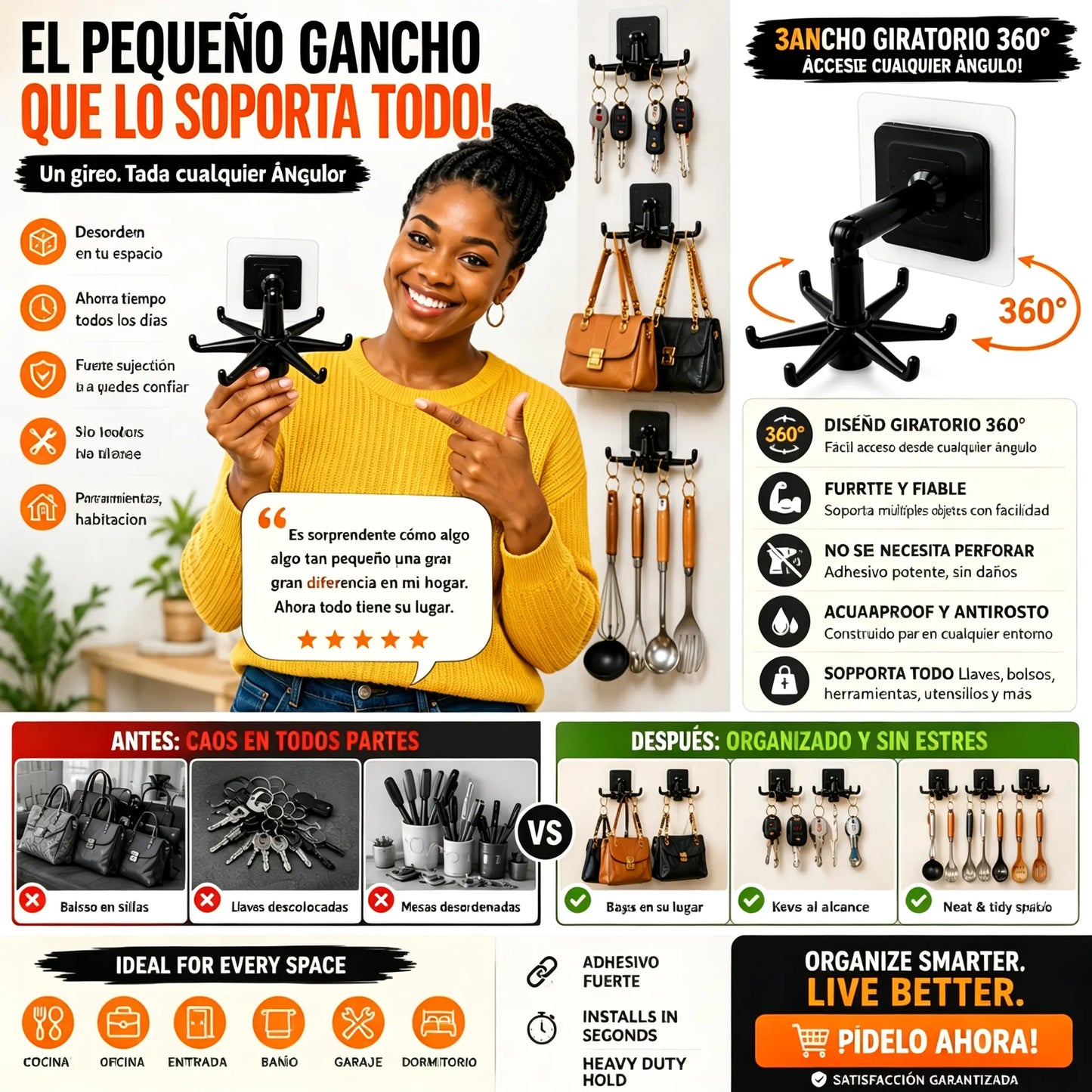 🔥【5 negras + 5 blancas】10 por solo 26 euros🏢🚪Estante de almacenamiento de pared con gancho giratorio para cocina (no requiere taladrar)