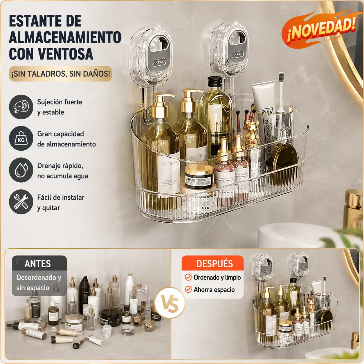 🍽️🧺🔥50%OFF🔥Estante de almacenamiento con ventosa sin perforaciones, escurridor de pared para cocina y baño