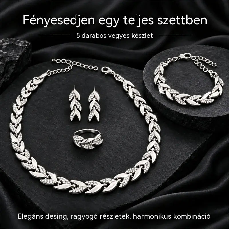 ✨💎 4 részes női ékszerszett | Levélmintás és cirkónia köves nyaklánc, karkötő, gyűrű és fülbevaló