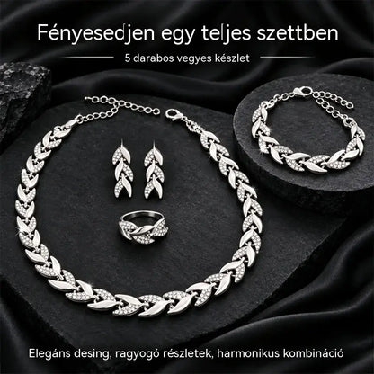 ✨💎 4 részes női ékszerszett | Levélmintás és cirkónia köves nyaklánc, karkötő, gyűrű és fülbevaló