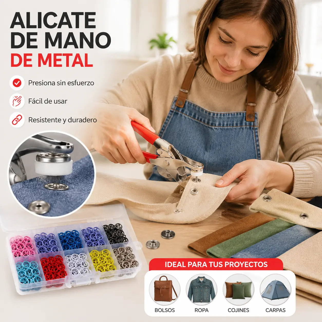 【100 pares de botones + alicates】Nuevo kit de instalación de botones sin costuras multifuncional