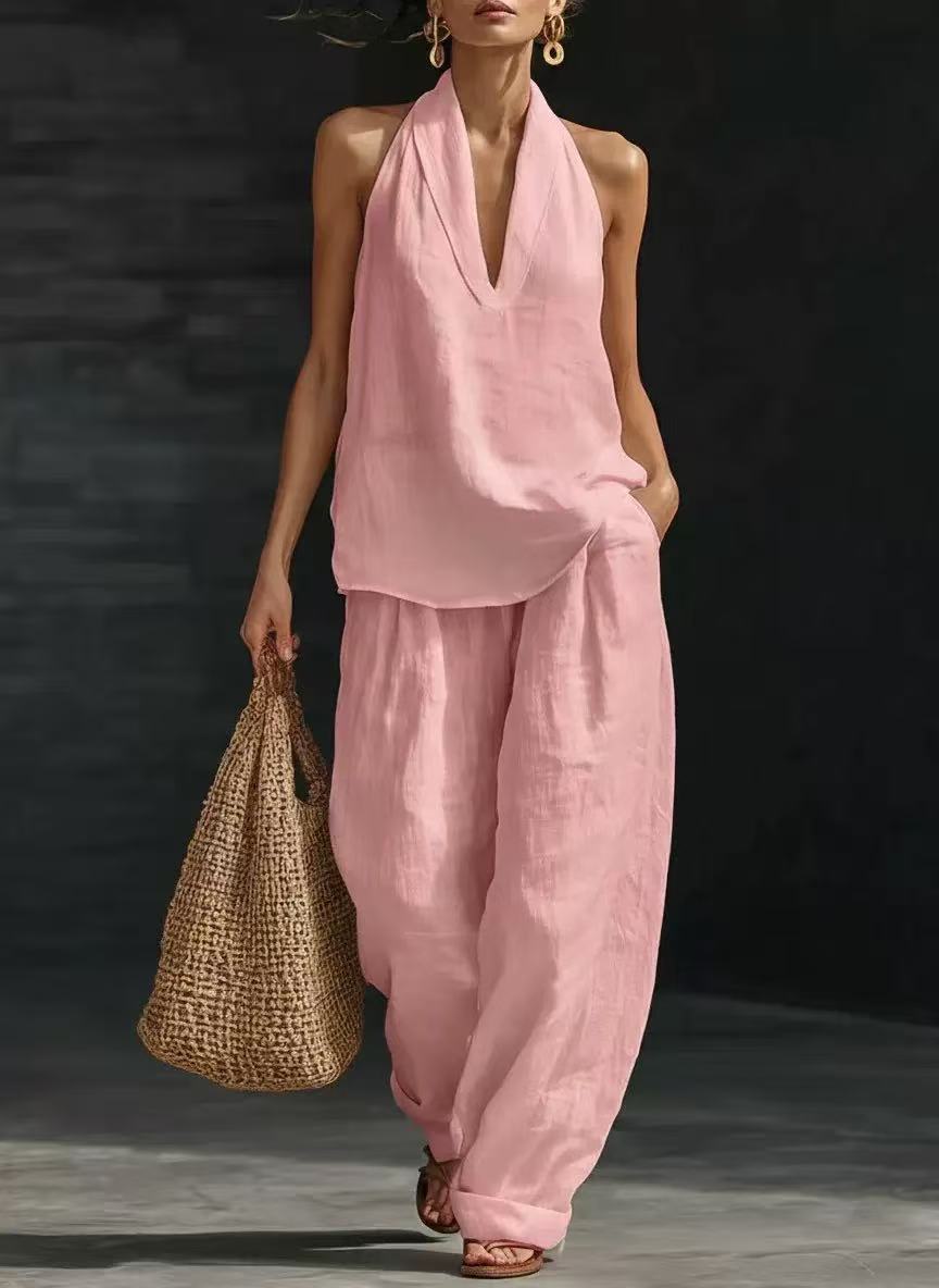 30%OFF【S-5XL】💥Conjunto casual para mujer, top con cuello en V + pantalón de pierna ancha