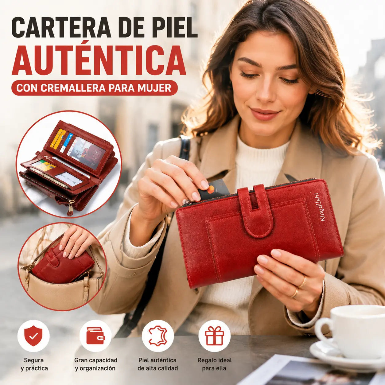 Cartera de mujer con doble cremallera y ranuras para múltiples tarjetas, de cuero genuino retro