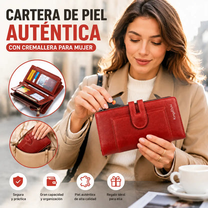 Cartera de mujer con doble cremallera y ranuras para múltiples tarjetas, de cuero genuino retro