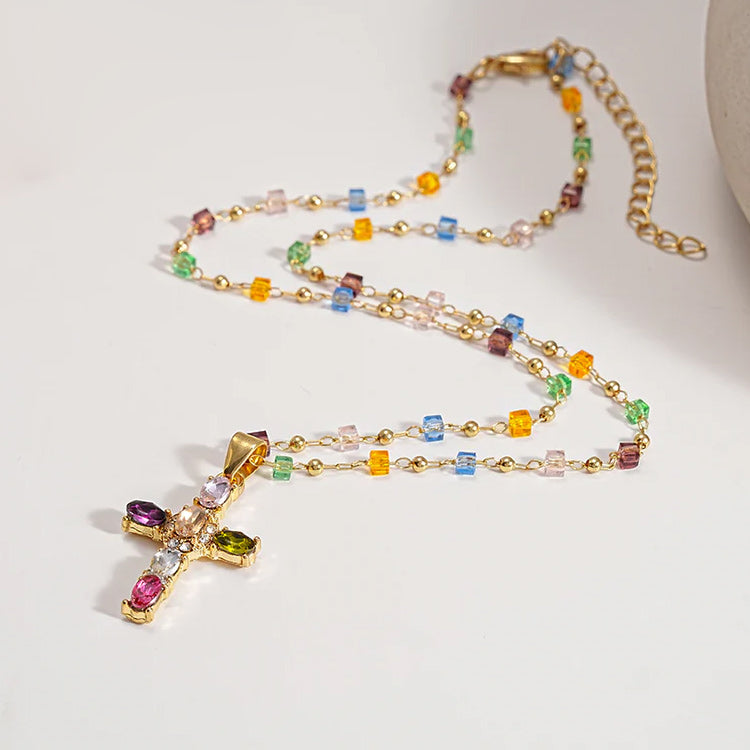 👍🥰🥰 Oferta: compra uno y llévate otro gratis. Collar con cruz de circonitas de colores. Incluye un precioso joyero.