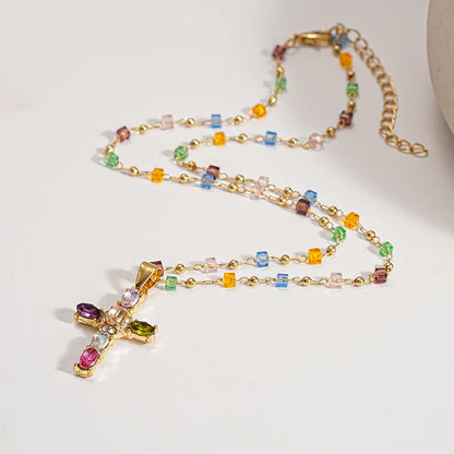 👍🥰🥰 Oferta: compra uno y llévate otro gratis. Collar con cruz de circonitas de colores. Incluye un precioso joyero.