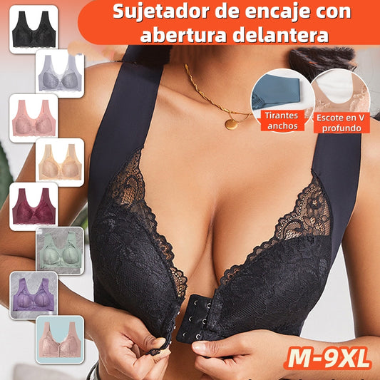 😍[5 piezas]【40-100KG】Sujetador con efecto lifting y precioso encaje en la espalda, talla grande, con ajuste lifting y cierre en la parte delantera.