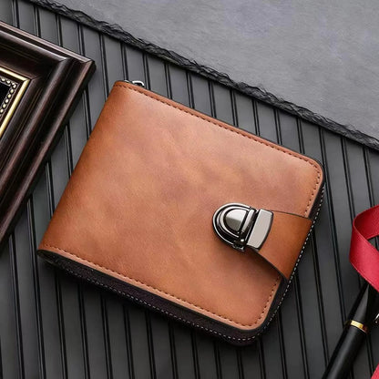 Cartera de piel auténtica para hombre: diseño retro con cremallera, compartimento para tarjetas y protección RFID.