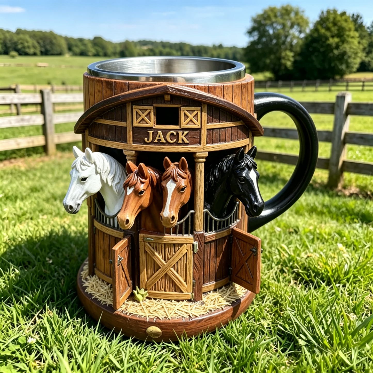 ☕Taza de café 3D con temática de granja y establo, taza de acero inoxidable con relieve tridimensional, regalo ideal para amantes de los caballos.