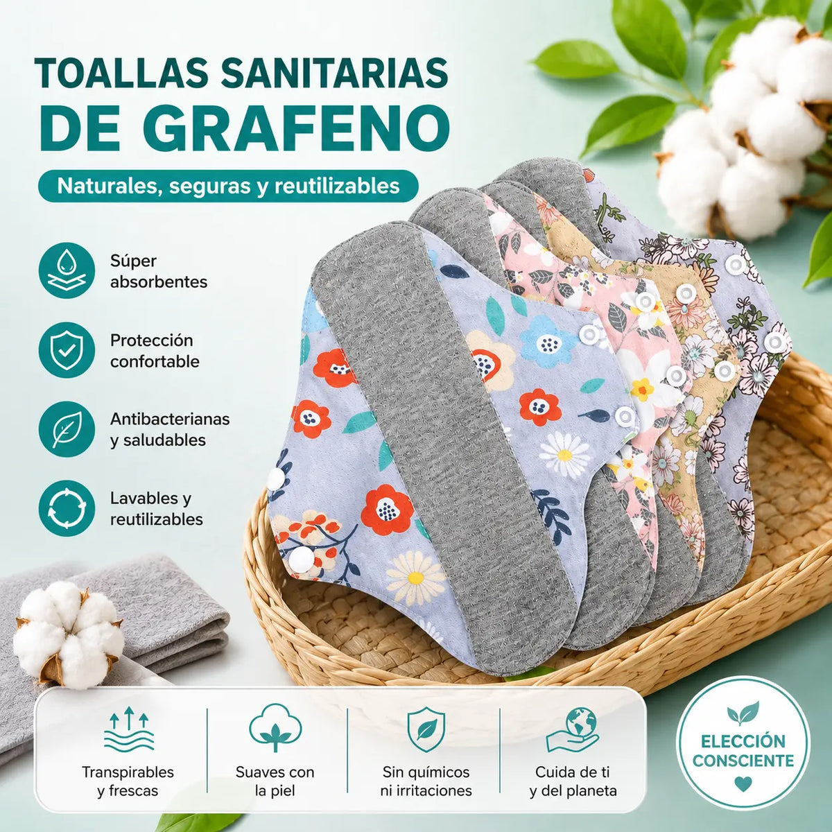 🔥【5 piezas 24 euros】Almohadilla antibacteriana de algodón y grafeno lavable