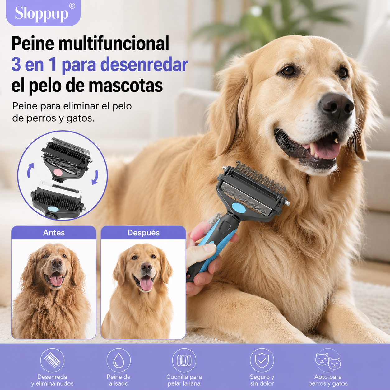 🐕🐈 Peine multifuncional 3 en 1 para desenredar el pelo de mascotas, peine para eliminar el pelo de perros y gatos.