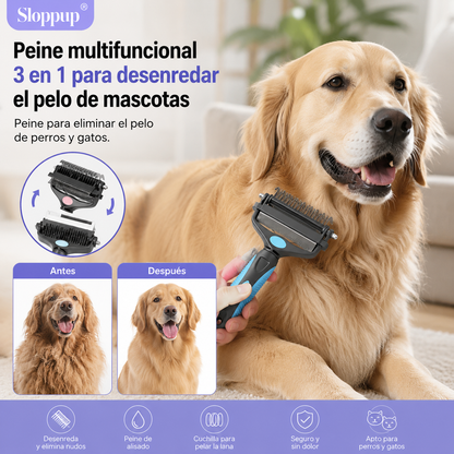 🐕🐈 Peine multifuncional 3 en 1 para desenredar el pelo de mascotas, peine para eliminar el pelo de perros y gatos.