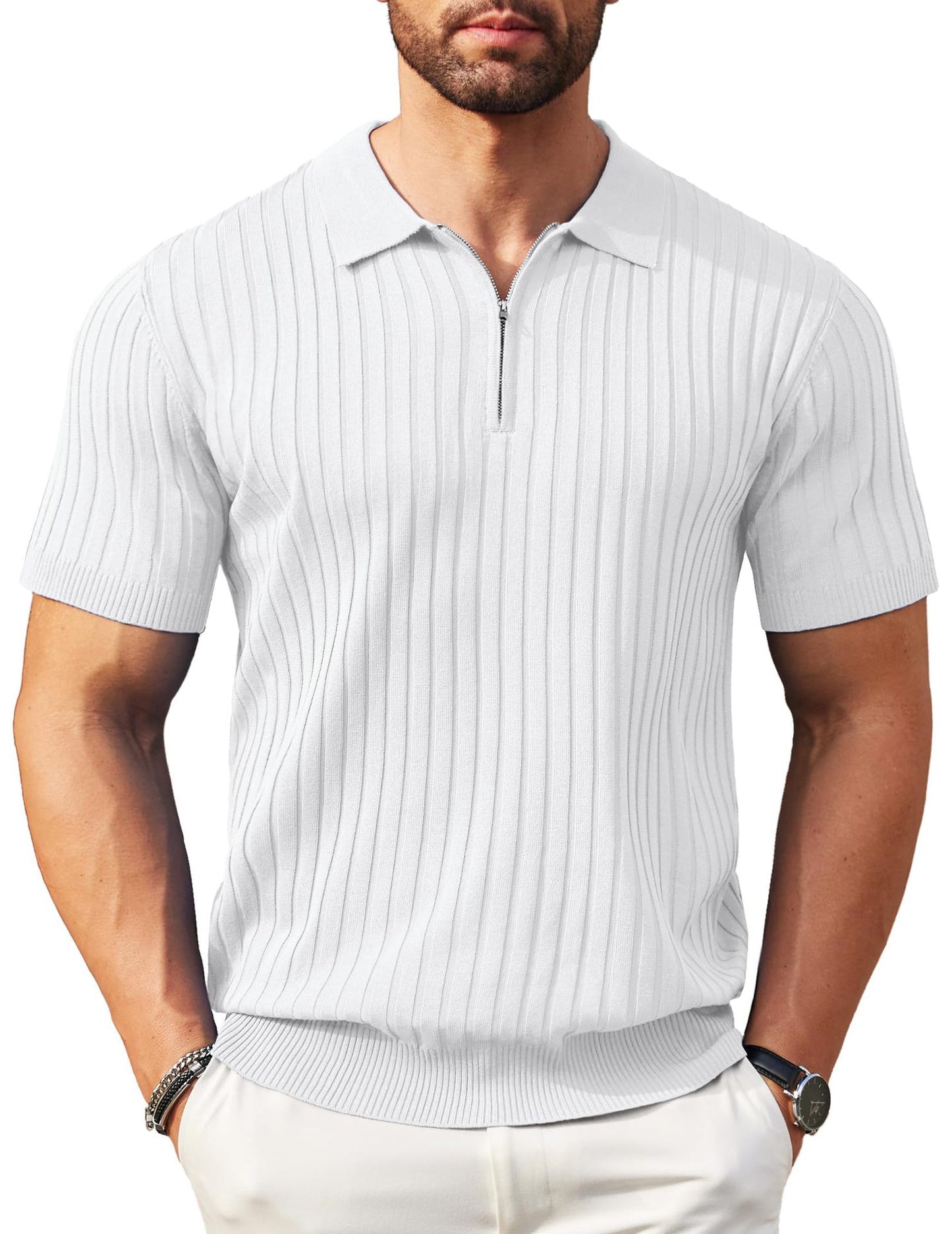 50%OFF👔Camisa de punto acanalado para hombre con cierre de cremallera y mangas cortas.