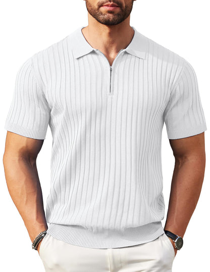 50%OFF👔Camisa de punto acanalado para hombre con cierre de cremallera y mangas cortas.