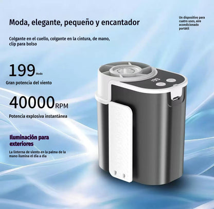 🌀 Ventilador manos libres con pantalla LED, clip integrado y 199 niveles de ajuste