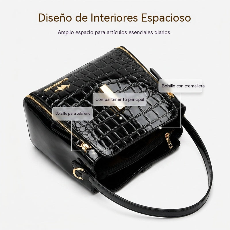 👜 ¡TIEMPO LIMITADO: 50% DE DESCUENTO! ✨ Bolso de mano brillante para mujer con estampado de cocodrilo: estructurado, detalles dorados, espacioso y elegante 💼