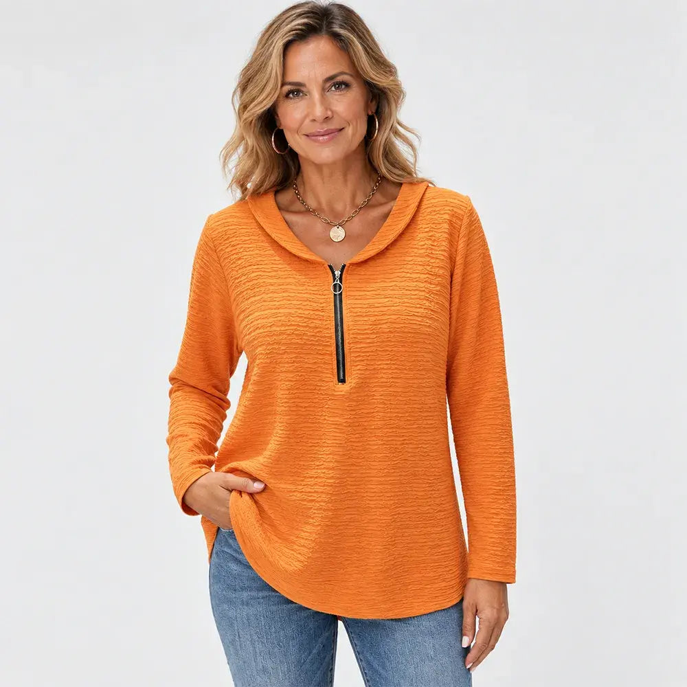 ✨【S–5XL / 5 barev】Jednobarevný dámský top se stylovým plisováním, límcem typu Peter Pan, zapínáním na zip a klasickým střihem ramen.