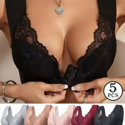 😍[5 piezas]【40-100KG】Sujetador con efecto lifting y precioso encaje en la espalda, talla grande, con ajuste lifting y cierre en la parte delantera.