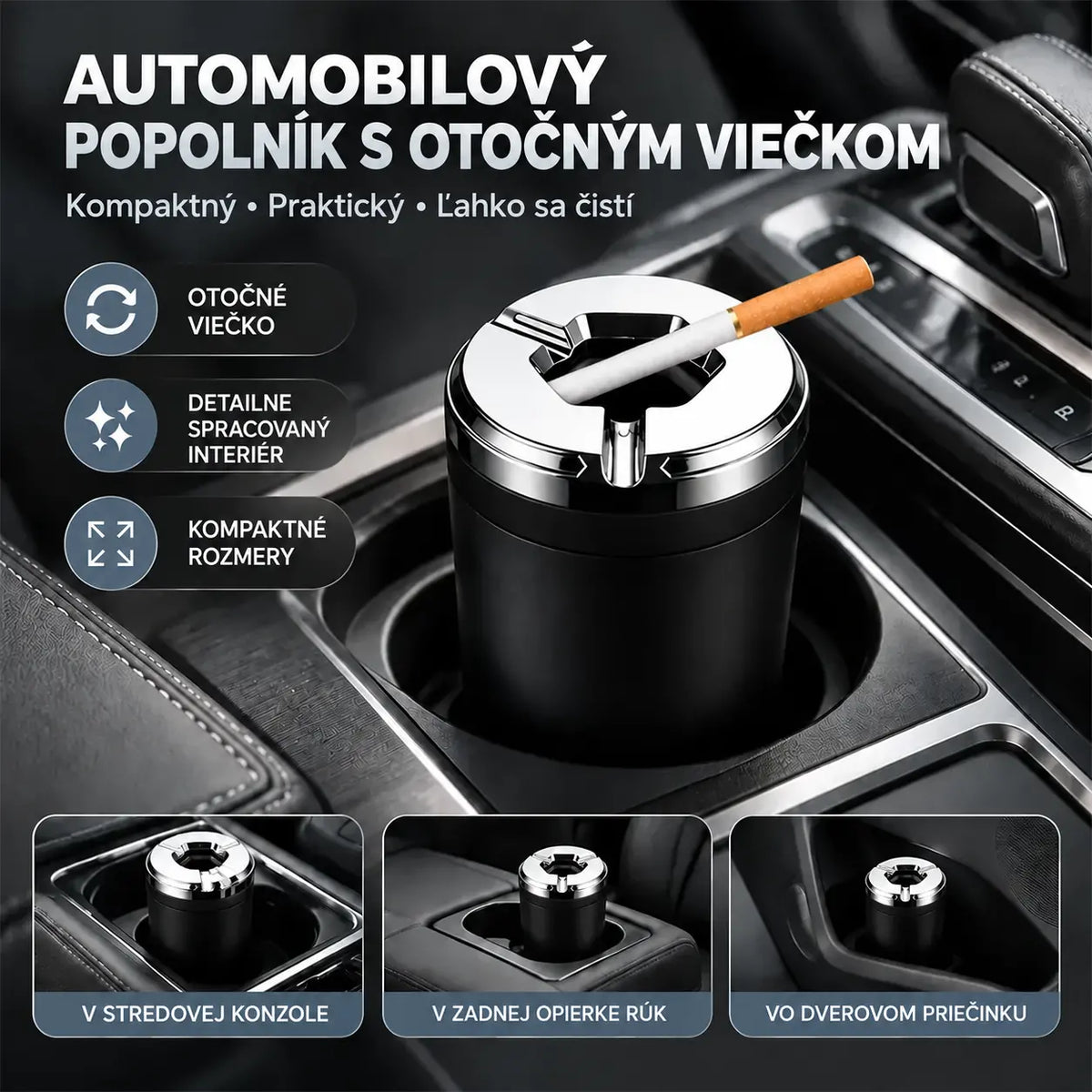 🚗1 sada (2 kusy)  530 Kč🚬 Auto popolník s otočným vekom – 1+1 zdarma, sada 2 kusov, proti zápachu a popolu, univerzálny do držiaka nápojov.