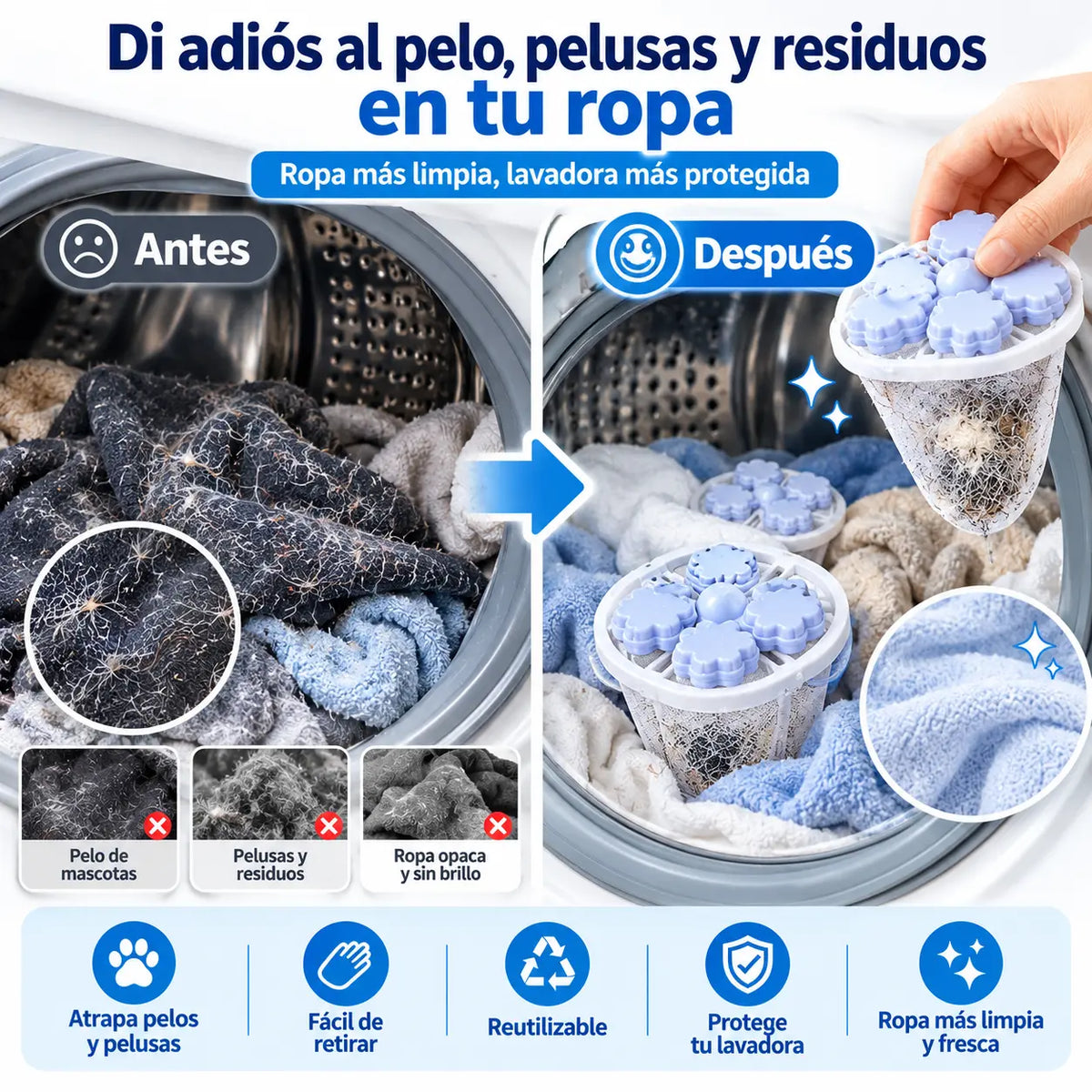 🌀6 piezas 25€✨ Filtro Flotante para Lavadora – Atrapa Pelusas, Cabellos y Pelos de Mascota en Cada Lavado 🧺