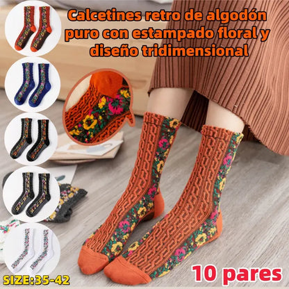 【5 pares】Calcetines largos retorcidos con estampado floral retro de algodón nuevos para otoño e invierno