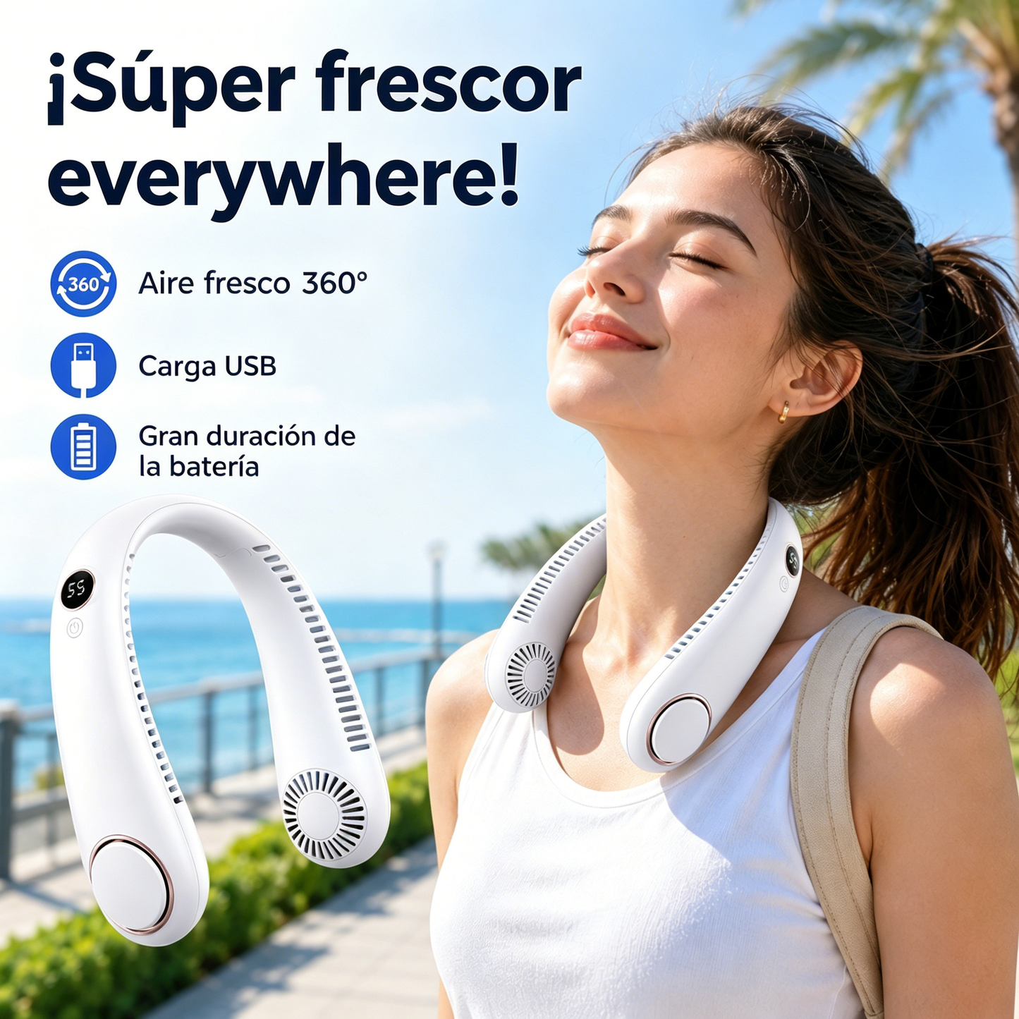 💨 Ventilador de aire acondicionado con cuello – Extremadamente silencioso, portátil y giratorio 360° – Ideal para el verano 🌞