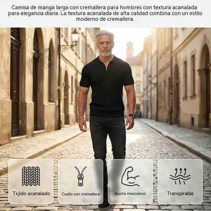 50%OFF👔Camisa de punto acanalado para hombre con cierre de cremallera y mangas cortas.