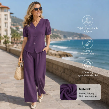 【Top + Pantalones anchos】Conjunto casual de moda