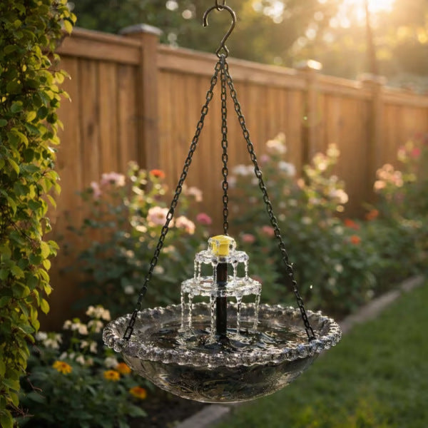 Fuente colgante solar para baño de pájaros con estilo cascada