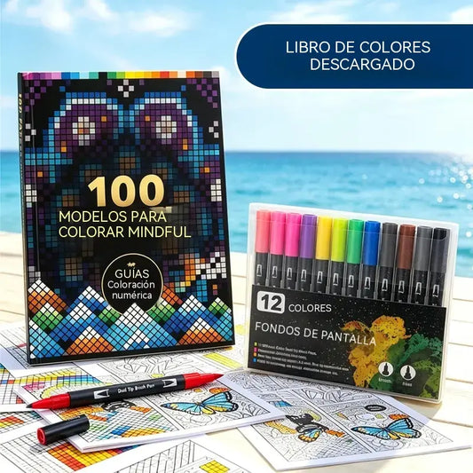 🛍️ Set de libros para colorear antiestrés "100 patrones para colorear con atención plena" 🎨 Pintura por números para adultos y personas mayores | 100 patrones (flores, mandalas) + Set de marcadores incluido, entrenamiento cerebral y relajación