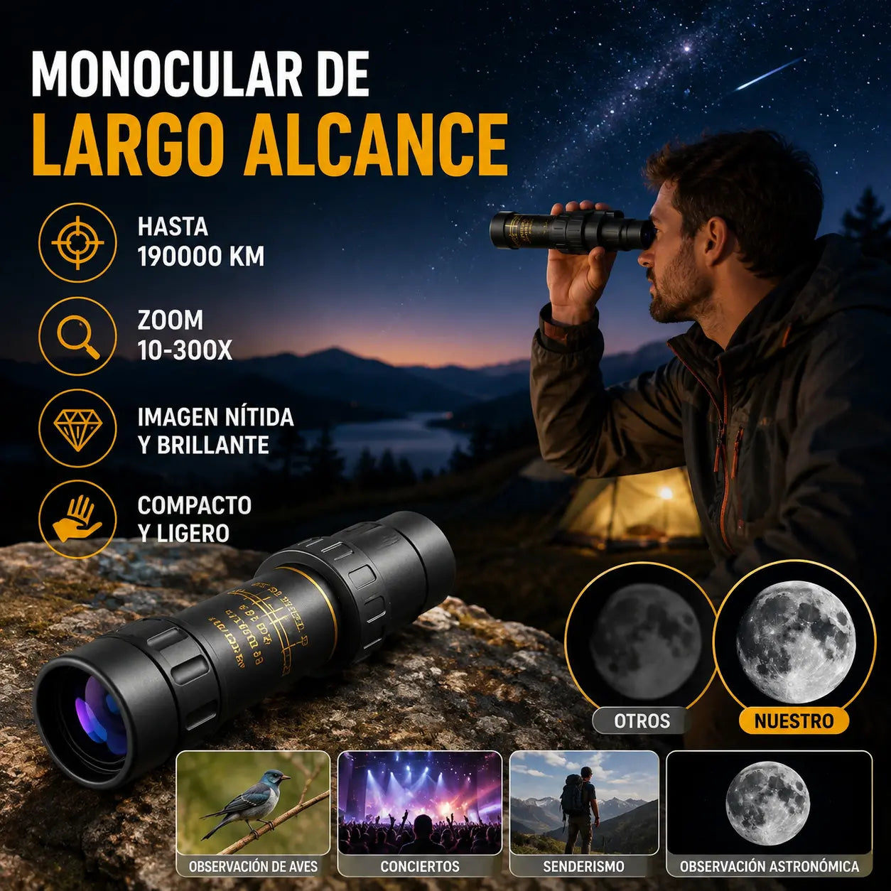 🔭✨ Monocular 10-300x40 con zoom – visión HD de alta potencia para actividades al aire libre y uso nocturno 🌙🏔️